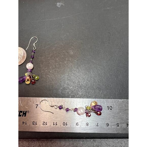 Multi gemstone cluster dangle earrings in sterling silver - Picture 8 of 10